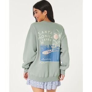Hollister Santa Monica Waves Graphic Crewneck Sweatshirt Sage Green XS